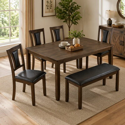 6-Piece Dining Table Set with Bench and Chairs, Wooden dining table set for 6 people, Farmhouse Rustic Style 6 Person Dining Table Set for Dining Room