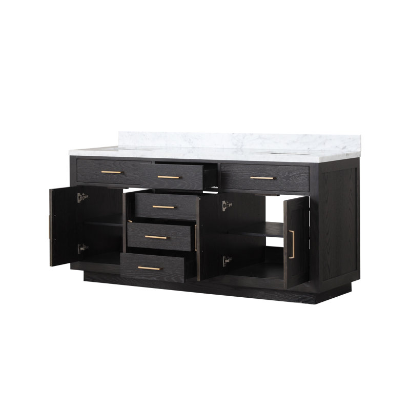72" Double Bathroom Vanity Set, Black Oak, White Carrara Marble