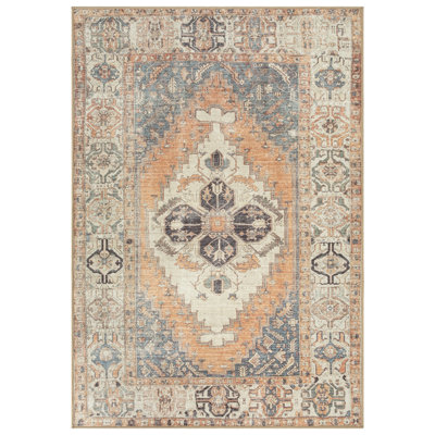 Tapis lavable Bloom / Orange / bleu / beige pour tapis de salon, chambre à coucher, salle à manger et cuisine
