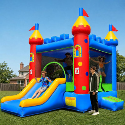 Jeu gonflable gonflable de qualité commerciale: grand château gonflable de 13 pi (L) pour adultes et adolescents - Souffleur de 750 W, panier de basketball, PVC de qualité supérieure, style arc-en-ciel - pour l'intérieur et l'extérieur