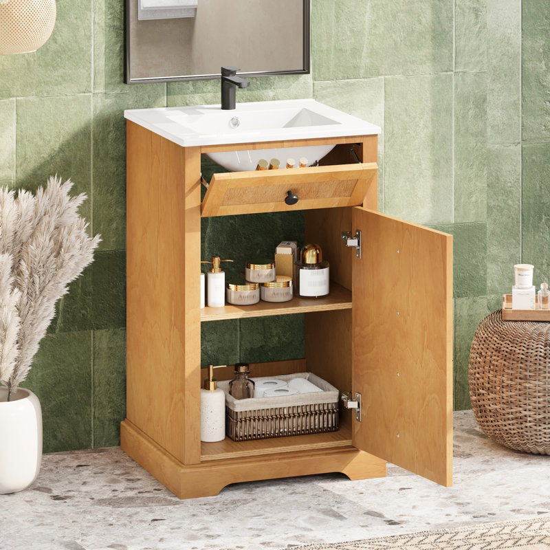 Meuble-lavabo de 20 pouces avec lavabo en céramique, bois massif et armoire, porte à fermeture douce, rangement fonctionnel pour lavabo intégré pour petite salle de bain, cadre, débordement de porte
