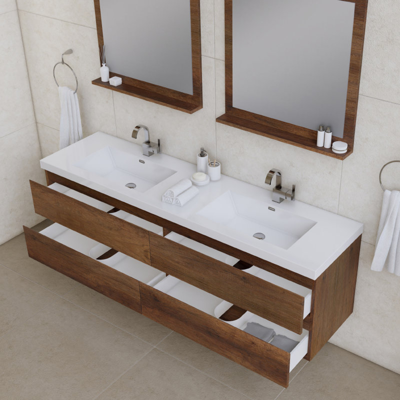 Arjina 72'' Double Bathroom Vanity with Solid Surface Top, Rosewood