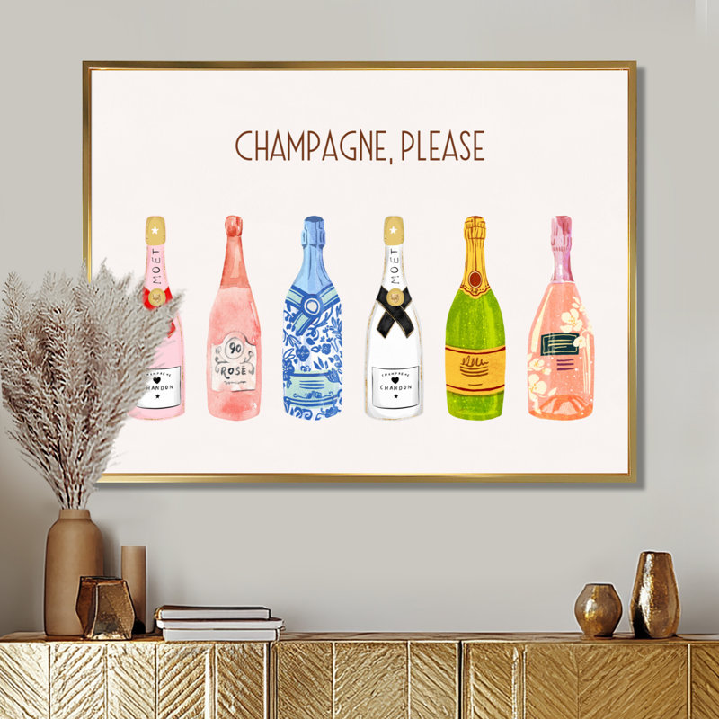 Champagne, veuillez Happy Hour - Champagne, art mural, H 24 po x l 32 po, Cadre flottant doré