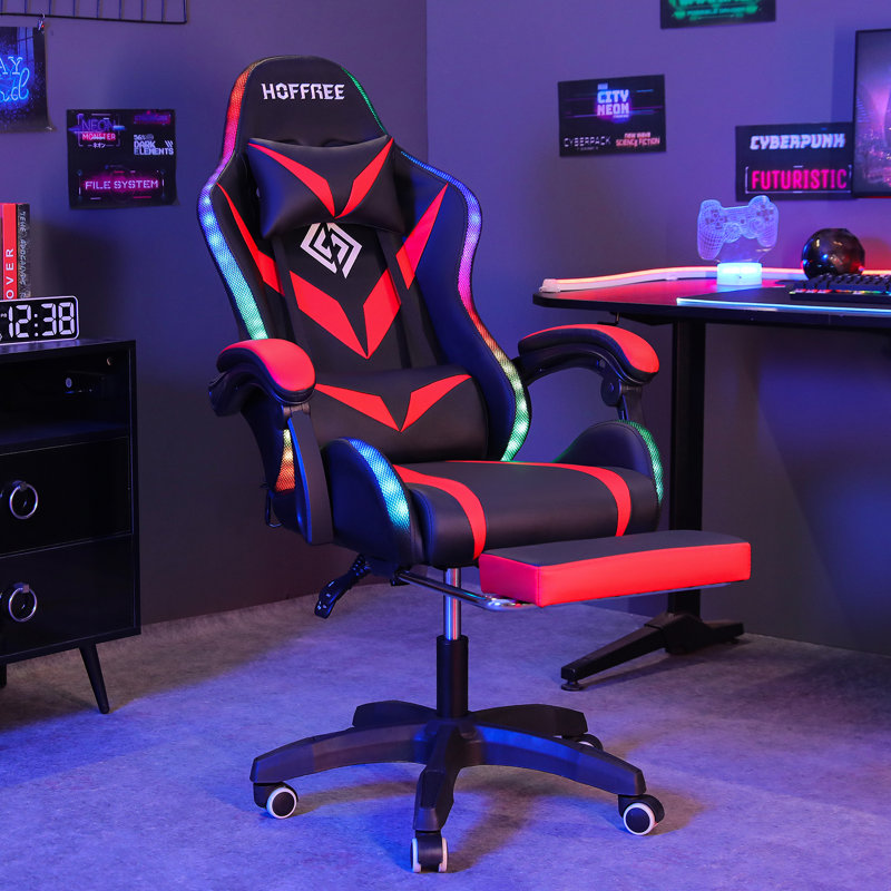 Ivy Bronx Adjustable Reclining Ergonomic Faux Leather Swiveling PC & Racing Game Chair with Footrest, Red/Black