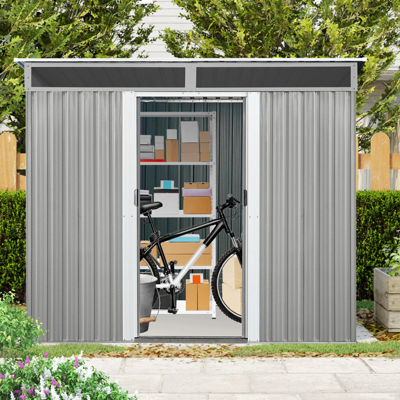 Outdoor Metal Storage Shed with Window and Transparent plate, Gray/White, 77.28" H x 93.77" W x 68.52" D