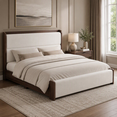 Solid Wood Platform Bed Frame with Bouclé Upholstered Headboard and Footboard, Durable and Stylish for Modern Bedrooms