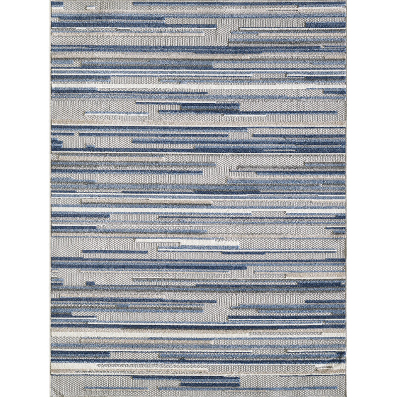 Tapis d'extérieur à rayures abstraites Gemmill, Rectangle 6 pi 7 po x 9 pi, Bleu