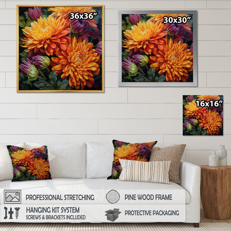 Orange mamans mauves en fleurs sur toile, H 36 po x l 36 po x P 1,5 po, Cadre flottant blanc