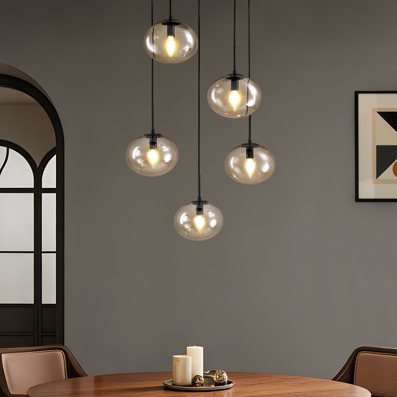 Lustre globe en verre moderne à 5 lumières Orbelle, luminaire suspendu noir pour îlot de cuisine et salle à manger