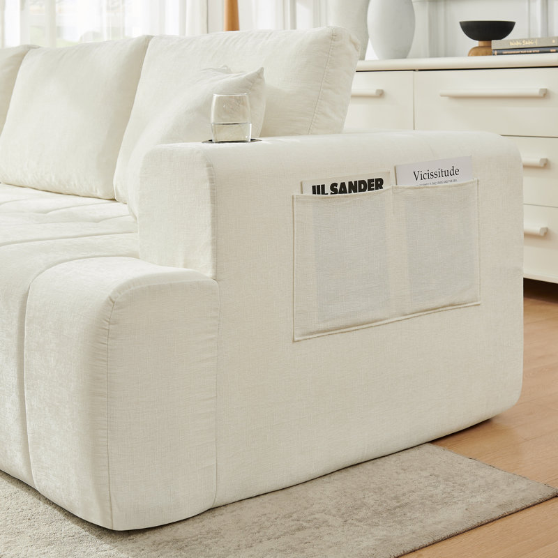 Canapé d'angle modulaire en chenille de style nuage de 108 pouces avec méridienne réversible et porte-gobelets, Beige