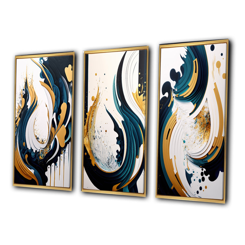 «Blue And Gold Modern Art Abstract Paint», 3 pièces sur toile, Or, H 28 po x l 36 po