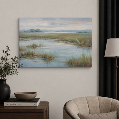 Paysage côtier serein avec des aigrettes blanches dans les marais, tableau pour salon, impression giclée sur toile