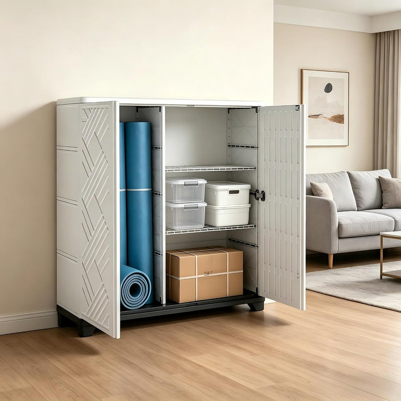 10 cu.ft Outdoor Storage Cabinet – 34.1" W x 33.5" H x 15" D Waterproof Resin, No Shelf Inside for Office/ Mops/Brooms/Ladders – UV Resistant for Patio, Garden, Poolside, Balcony Corner – Easy Assembly