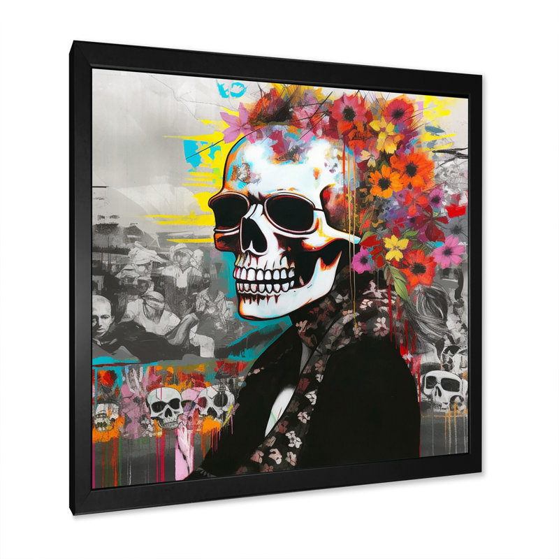 Graffitied Skull II sur impression sur toile, Cadre simple noir, H 36 po x l 36 po x P 1,5 po