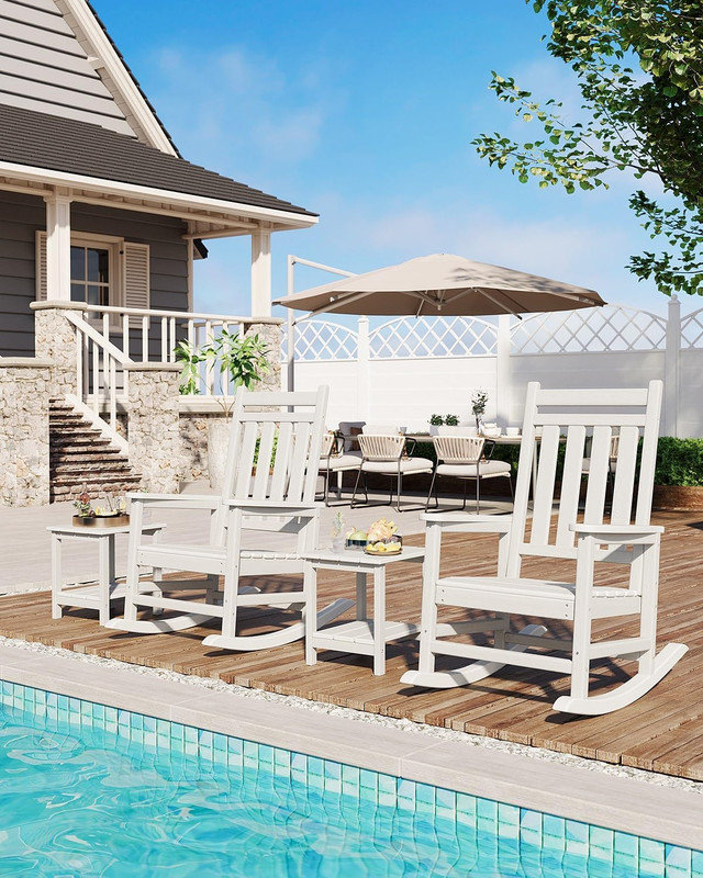 Set Of 2 Hdpe Outdoor Rocking Adirondack Chairs With Side Table, Poly High Back, 350 Lbs Capacity All-Weather Patio Furniture For Front Porch, Garden