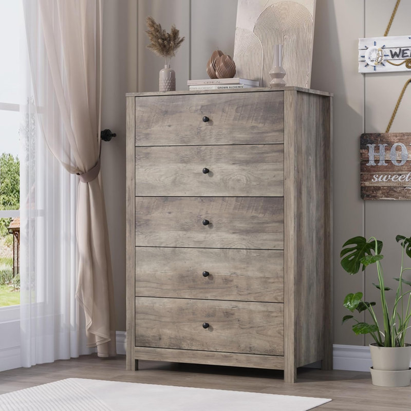 Commode 5 tiroirs en bois Modern, Gris