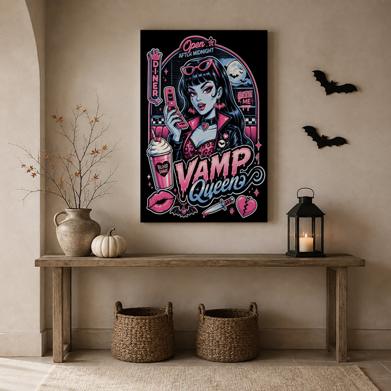 Toile d'Halloween stylisée reine vamp avec peau bleue et dîner rose, H 36 po x l 24 po
