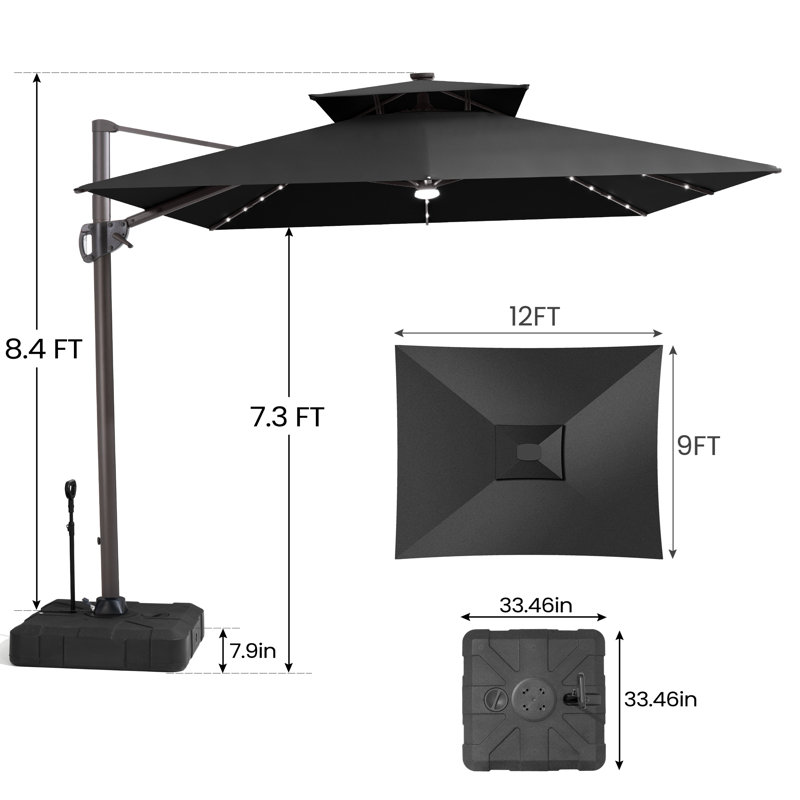  Parasol rectangulaire en porte-à-faux à DEL 12 pi x 9 pi avec base lestée - déplaçable sans effort par une seule personne