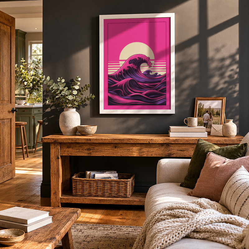 Magenta Wave at Dusk Retro - Framed Print, A3 - 42.0 x 29.7 cm, White