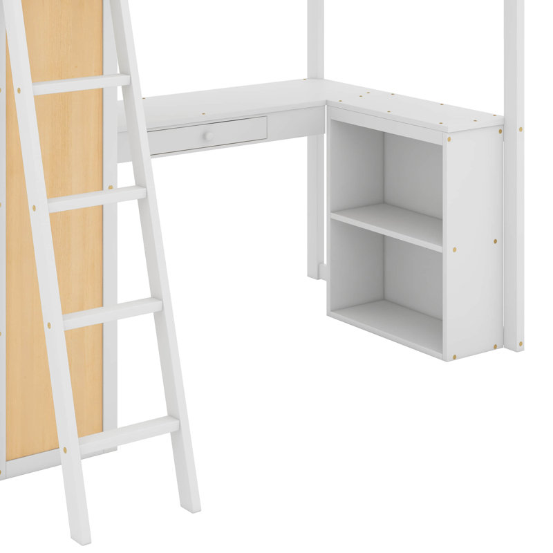 Lit mezzanine simple avec échelle, tablettes et bureau