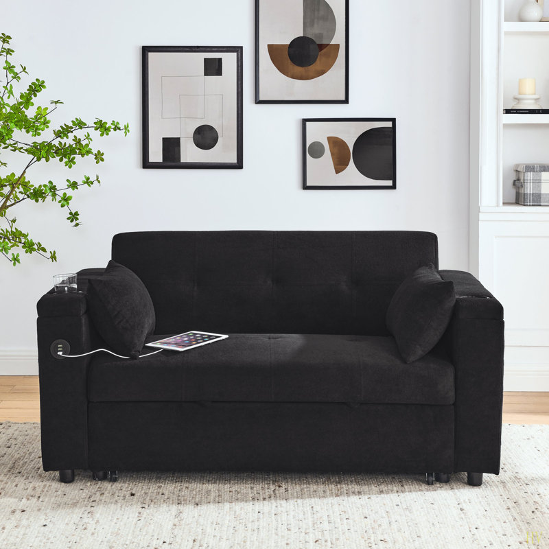 Canapé-lit inclinable à deux places de 54 po avec accoudoirs avec rangement et poches latérales, dossier réglable et coussin lombaire pour appartements, salons, etc. avec prise de courant USB