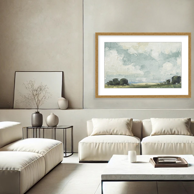Nature Inspired Golden Meadows: A Serene Landscape Composition, 12" H x 16" W x 1.125" D, Framed Matted Print, Gold