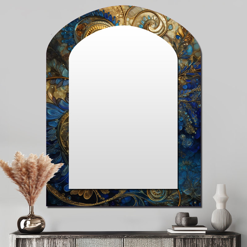 «Blue Melody of Boho II - Boho Feather Arch Miroir décoratif, miroir mural asymétrique bleu, impression sur métal