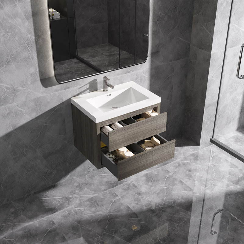 Meuble-lavabo mural flottant avec surface de lavabo simple en blanc, Gris, 30"