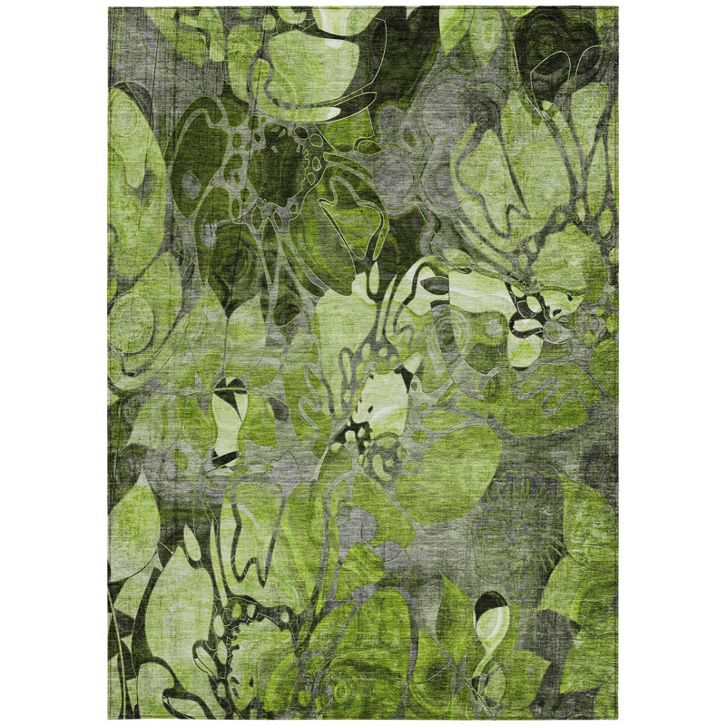 Fern Green and Gray Floral Washable Synthetic 8' x 10' Area Rug