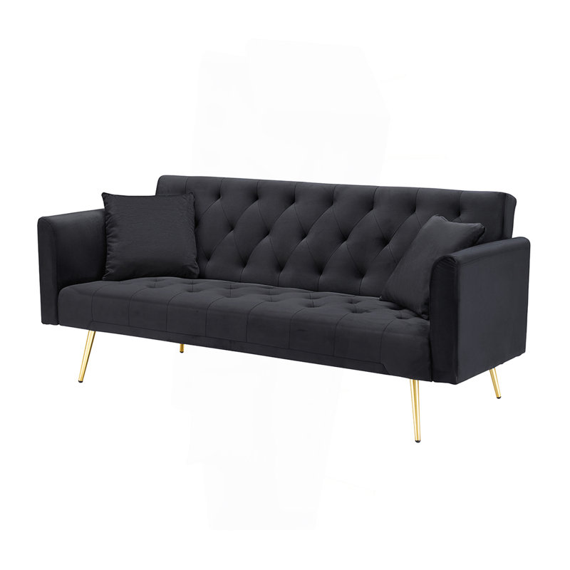 71-Inch Foldable Double Sofa, With American Retro Style, Made Of Black Velvet Material, Suitable For Small Living Rooms, Bedrooms And Offices.