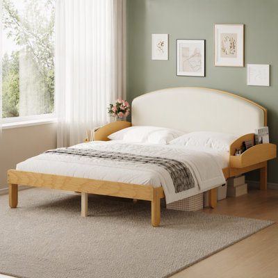 Upholstered Headboard Wood Bed Frame, Curved Padded Headboard With Arched Legs & Side Storage Shelves, Modern Platform Bed For Bedroom, No Box Spring Needed