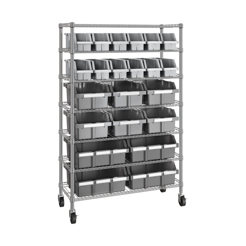 36" W NSF-Certified Commercial 7-Tier 22-Bin Storage Rack with Wheels