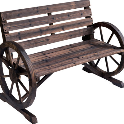 41" Wooden Wagon Wheel Porch Enjoyment Bench, Rustic Look, Weather-, 2 Seat, Fir Wood Construction Patio With Weather Resistance, Seat And , Solid Construction, Brown