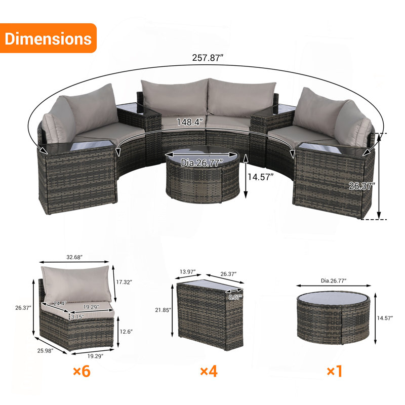 Ensemble de canapé d'extérieur modulaire demi-lune 11 pièces avec table basse ronde en verre trempé, Gris clair