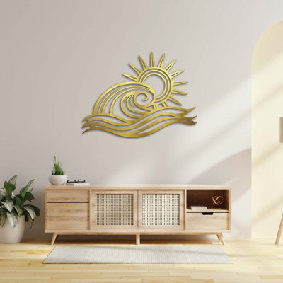 Luxury Coastal Sun & Wave Metal Wall Art – Distressed Antique Gold Finish