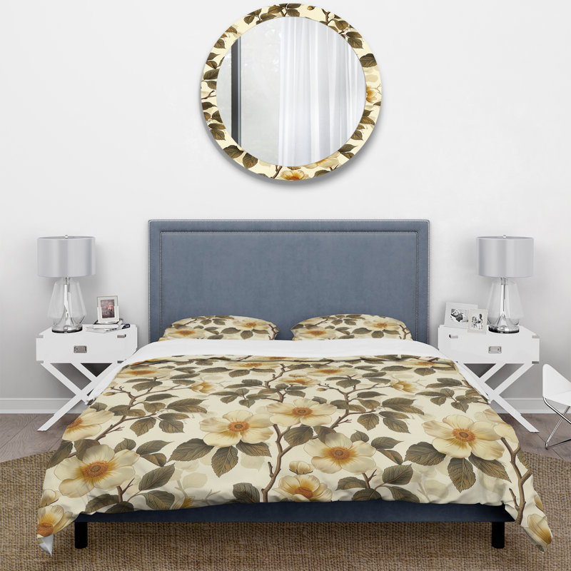 Ensemble de housse de couette Beige Green Retro Floral I - Retro Floral, Housse de couette simple + 2 taies décoratives st