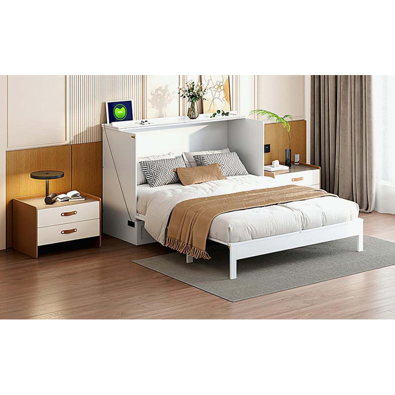 Lit escamotable double avec grands tiroirs, blanc, Lit double, Blanc