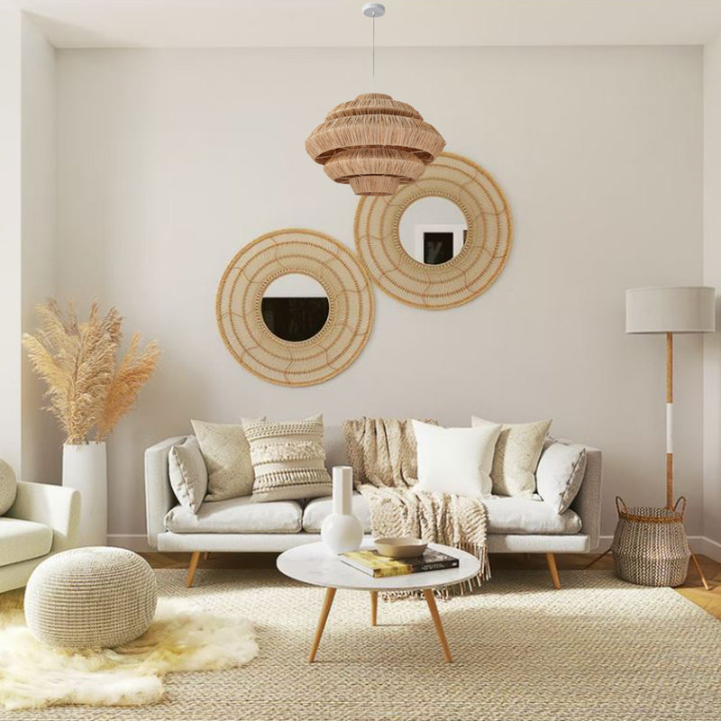 3 Light Pendant In White Finish With Raffia Shade