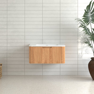 Meuble-lavabo flottant en bois massif de 30 pouces pour salle de bain avec lavabo en céramique blanche, couleur noyer, conception à bord incurvé, pré-assemblé, tiroir à fermeture en douceur, solution d'espace