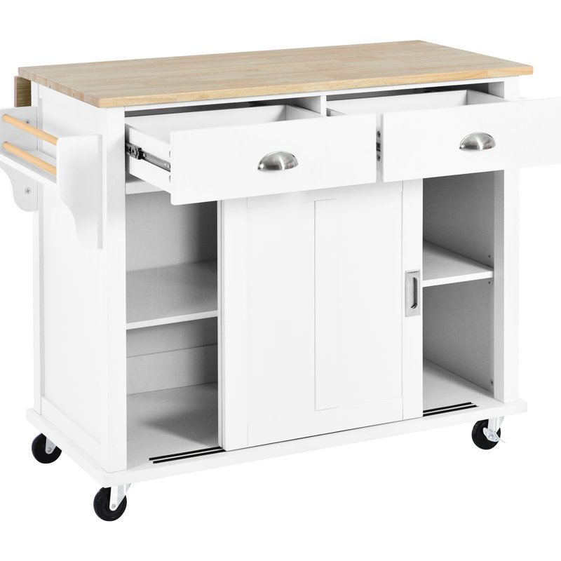 Îlot de cuisine blanc avec chute en bois d'hévéa et porte cachée. 2 tiroirs, tablettes réglables. 4 roulettes, chariot d'allure moderne, rangement à hauteur lisse,
