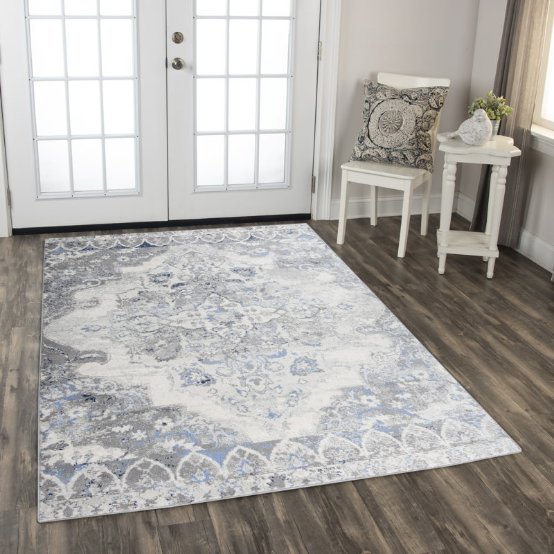 Tapis oriental gris / bleu en polypropylène tissé à la machine Rectangle, Rectangle 8 pi x 9 pi 6 po