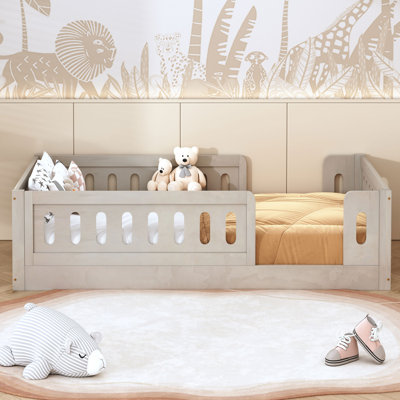 Montessori Floor Bed Frame With Fence Railings For Boys, Girls, No Box Spring Needed,natural