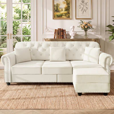 82.6" Mid-Century Chesterfield Sofa, Upholstered Velvet Tufted Couch With 3 Pillows & Ottoman