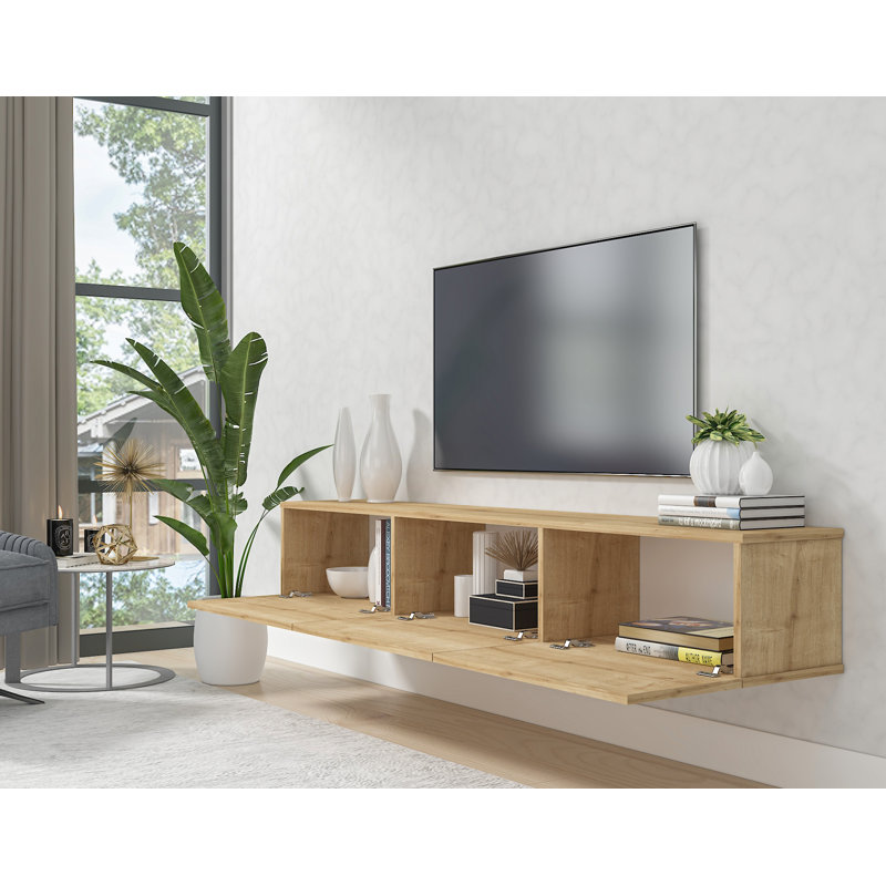 Ozge Modern 71" Floating TV Stand with Storage  Wall-Mounted Media Console for TVs up to 80", Oak