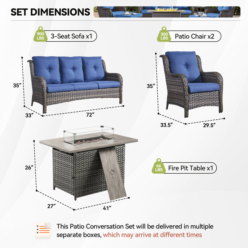 Ensemble de conversation à canapé pour 5 personnes Carolina avec foyer et coussins, Bleu/gris