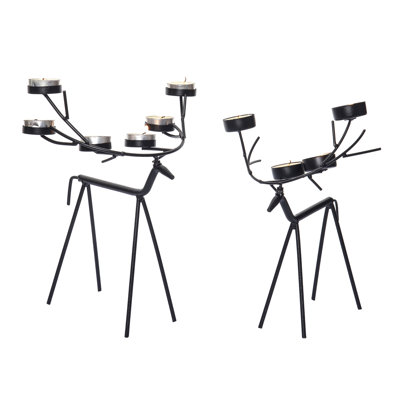 Union Rustic Metal 13.46 in. Black Christmas Matte Skinny Reindeer Candle Holder Set of 2