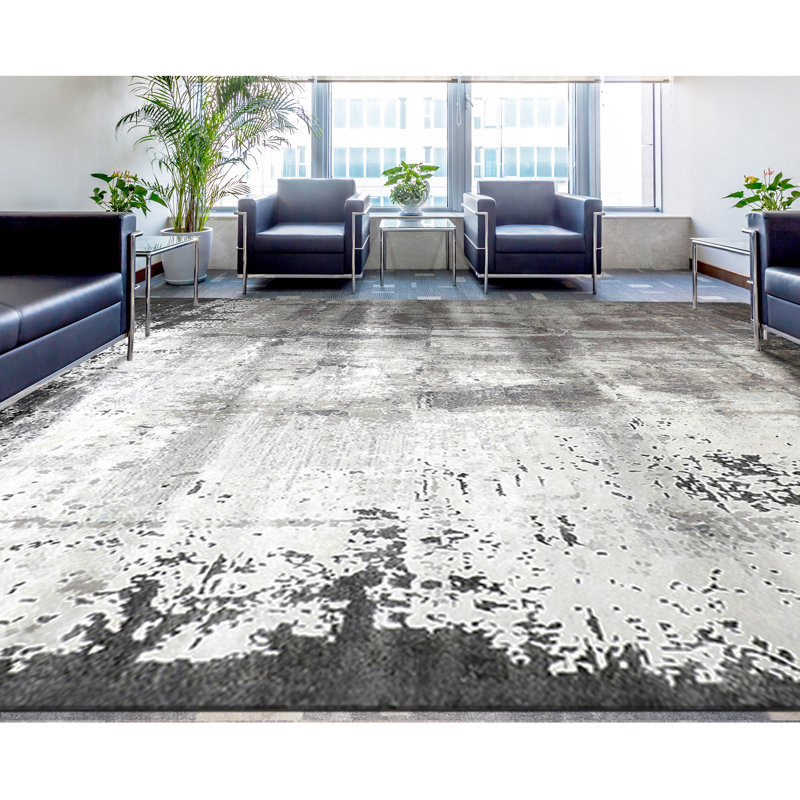 Tapis ivoire / gris / bleu noué à la main, Rectangle 8 pi x 10 pi