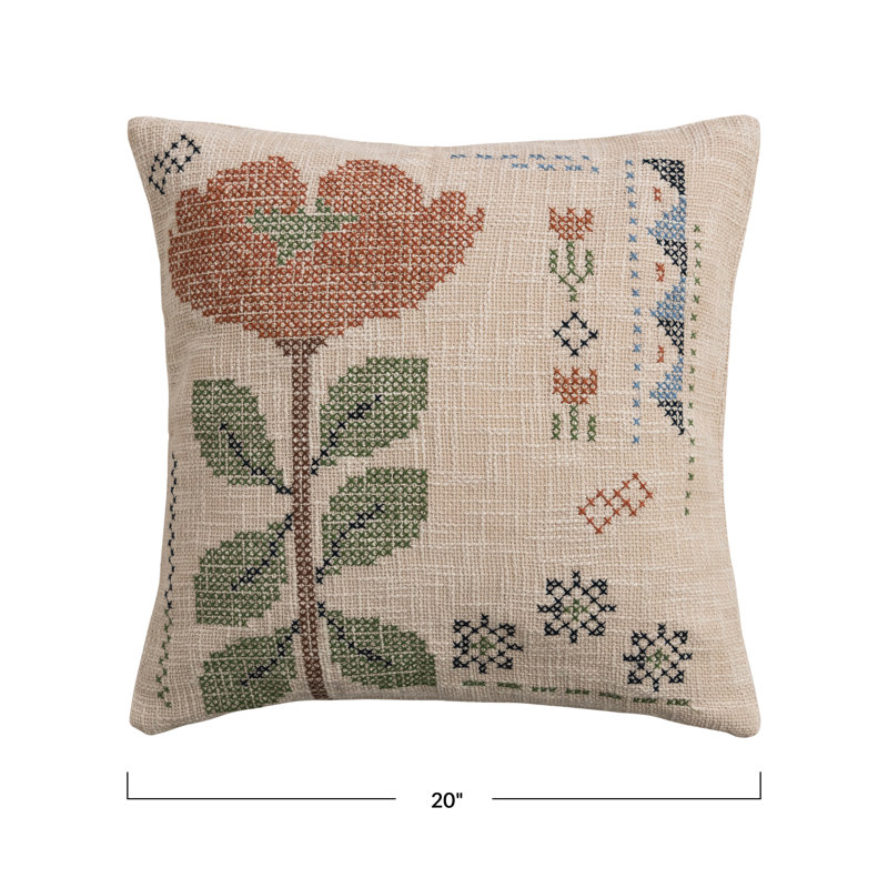Embroidered Cotton Slub Floral Pillow