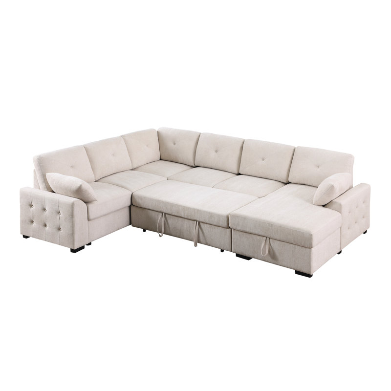 Canapé modulaire gris foncé en L capitonné avec lit escamotable et méridienne avec rangement beige
