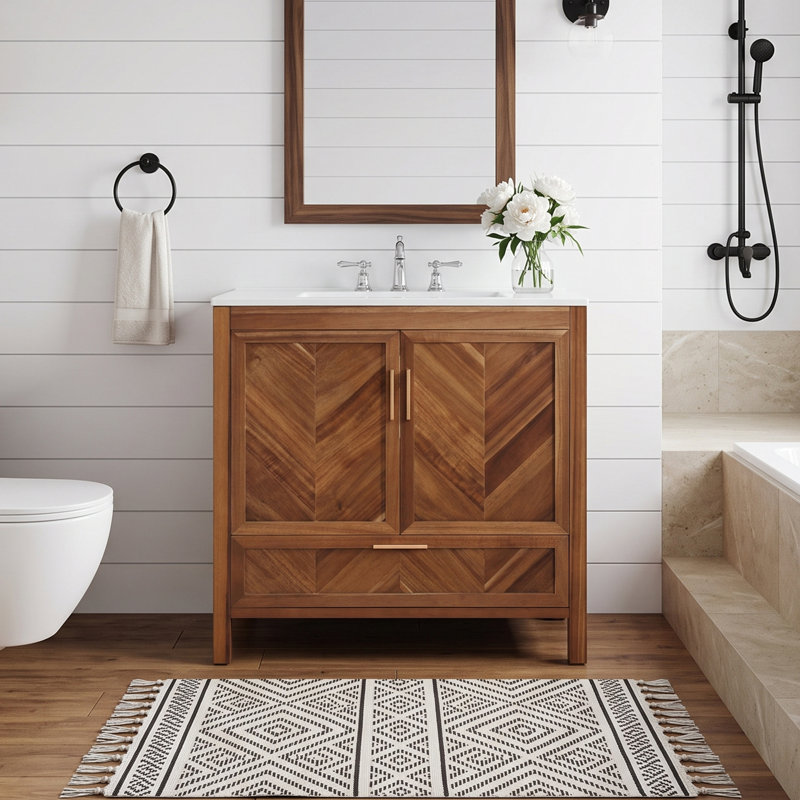 Meuble-lavabo autoportant de style ferme moderne de 76 cm (30 po), joli meuble-lavabo en bois brun avec beaucoup de rangement et lavabo en céramique blanche.